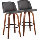 Toriano 30" Swivel Bar Stool in Walnut Wood & Grey Leatherette with Black Footrest (Set of 2)